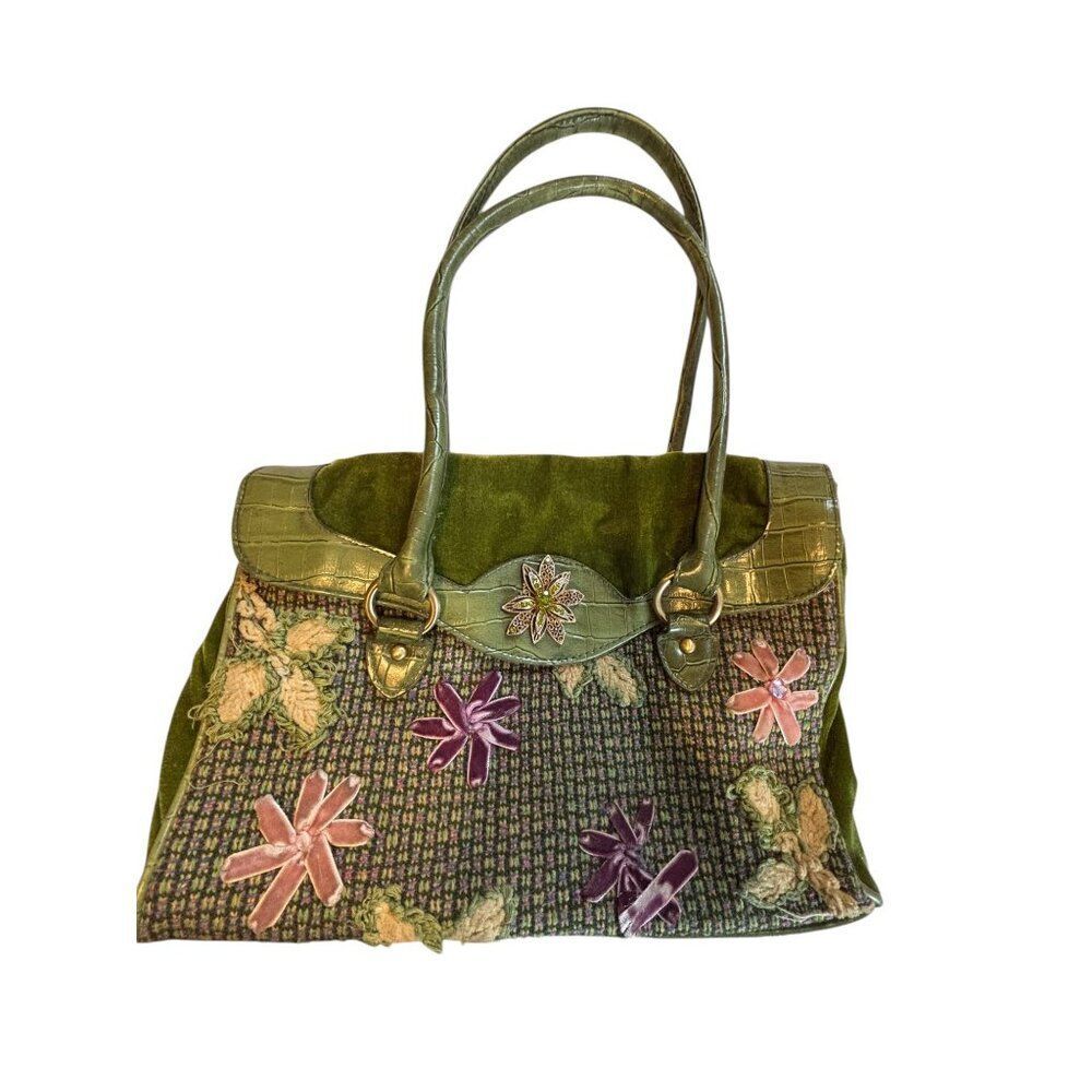 Vintage Green Floral Embroidered Handbag With Dual Handles & Croc Texture Accent
